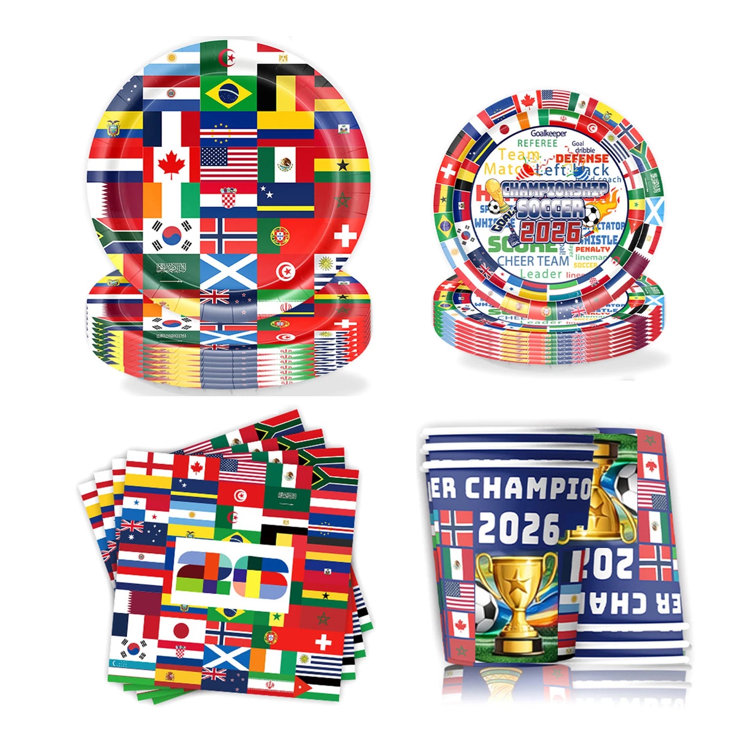 World Football 2026 Soccer Party Supplies Tablewear with International Flags Paper Plates, Cups Napkins Set for Football Party
