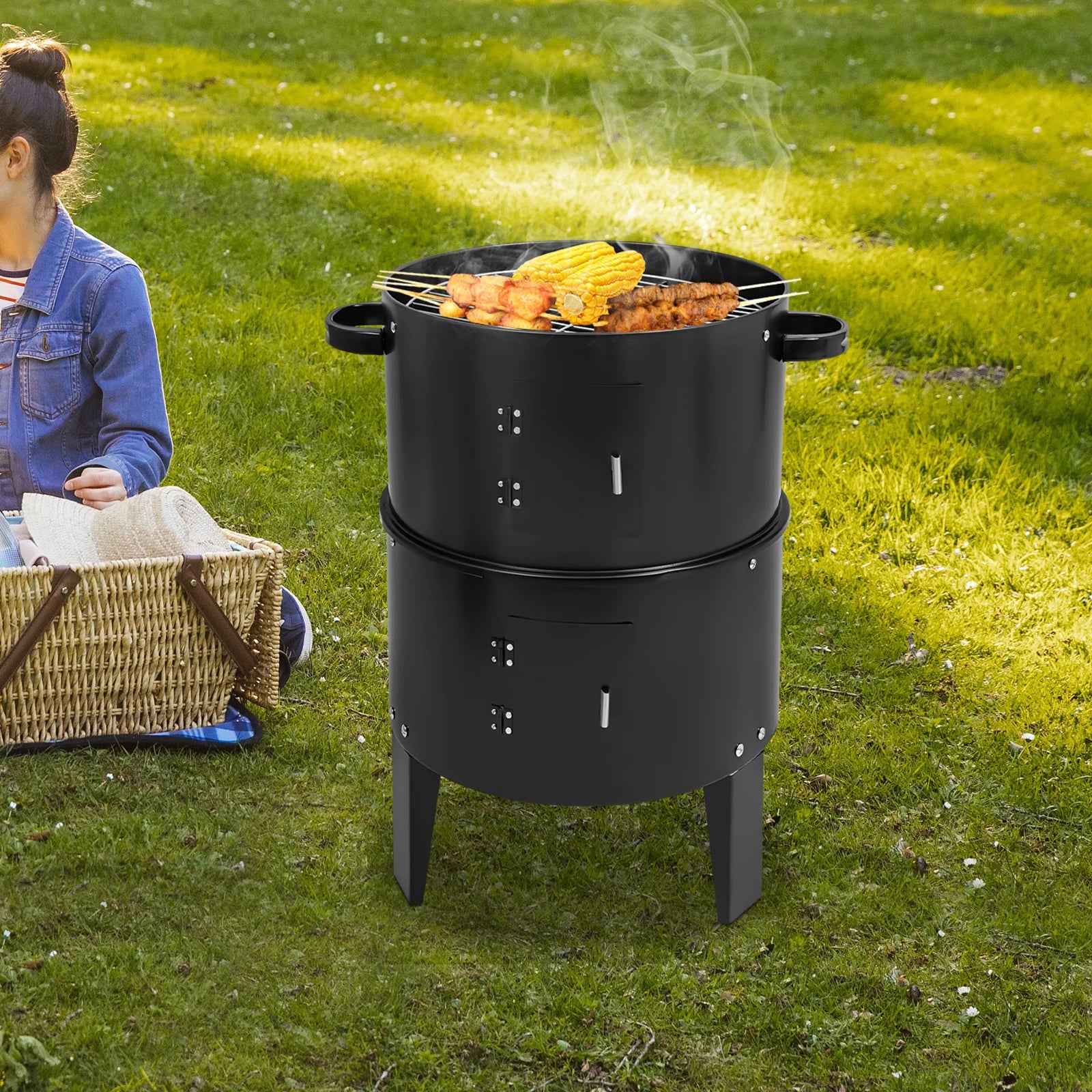 84cm Barrel Style Charcoal BBQ Smoker Grill, Built-in Thermometer Outdoor Smoking Oven, Ideal for Grilling Meat,Chicken Wings