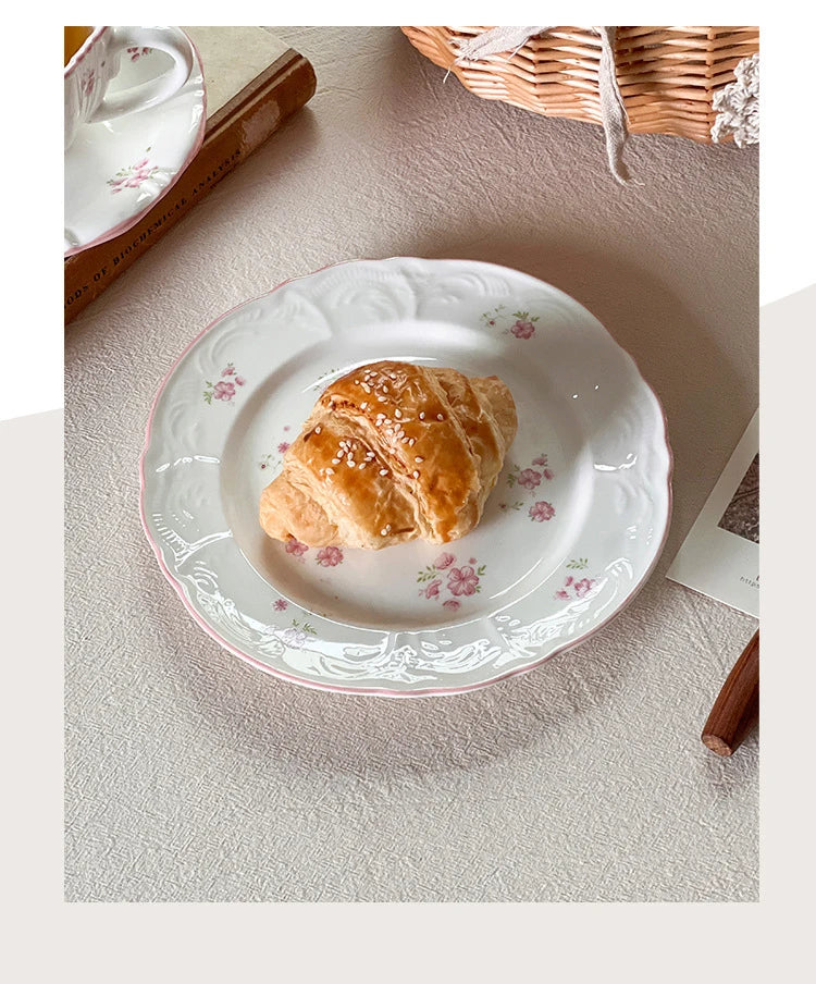 European Pink Cherry Blossoms Mugs Porcelain Cup&saucer Tableware Coffee Mug Dining Table Afternoon Tea Teacup Fruits Juice Cup