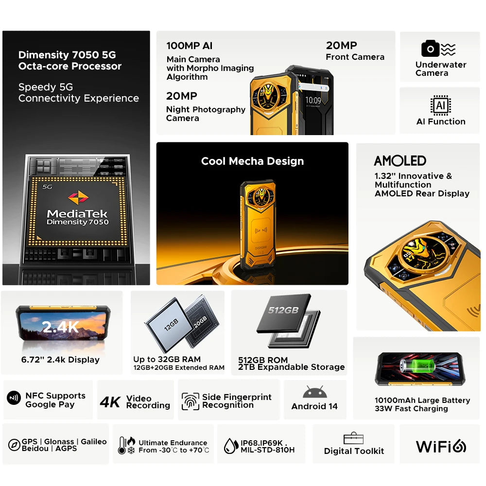 World Premiere DOOGEE S200 X 5G Rugged Phone 12+512GB Smartphone 6.72” FHD+120Hz IPS screen Dimensity 7050 10100mAh battery 33W