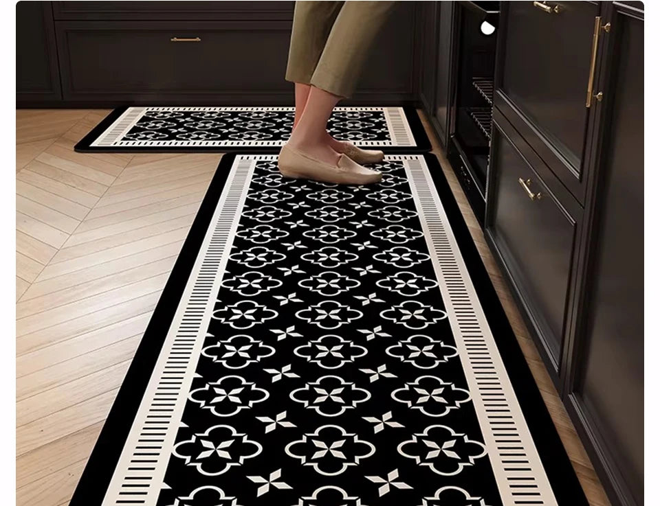 Kitchen Rug PVC Waterproof Leather Carpet Oil-proof Non-Slip Floor Mat Black Checkered Rugs Long Strip Carpets Home Decor 주방용 러그