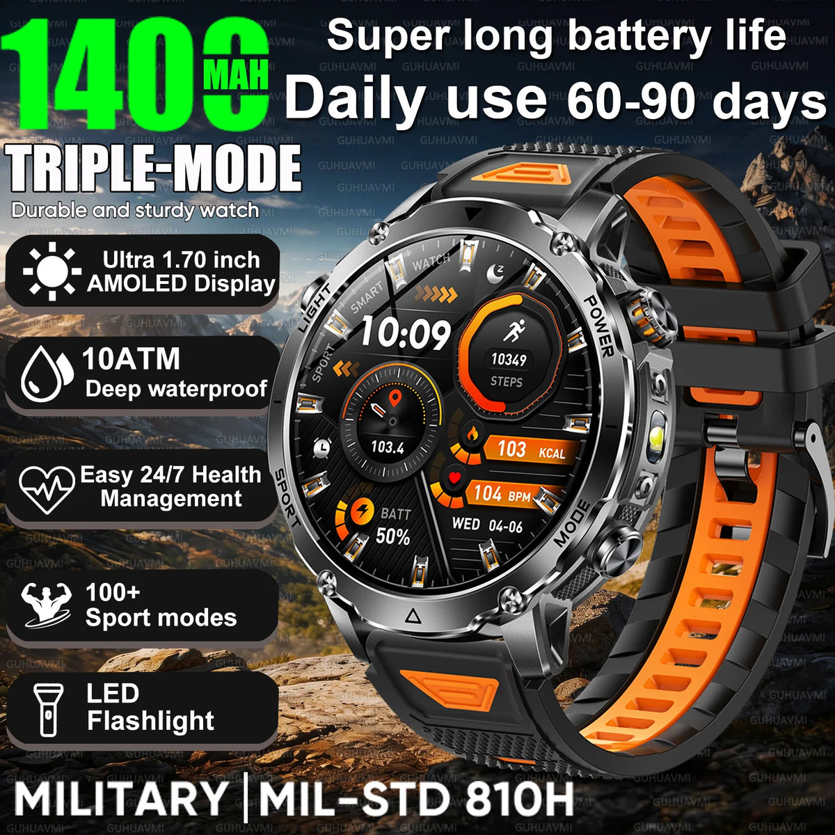 2026New 1.7 inches TANK SmartWatch Military Grade Durability 1400mah Battery HD Call 10ATM Waterproof Flashlight Sport Watch Men