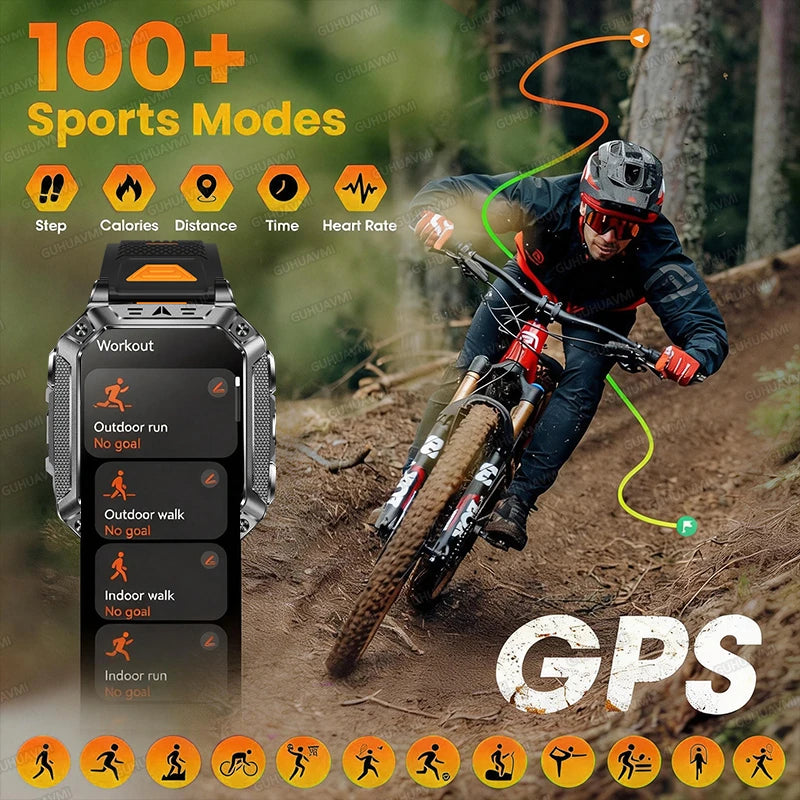 2026 New Military Grade 1400mAh Battery Smart Watch GPS Tracks 5ATMWaterproof Flashlight Heart Rate 2.1" Durable Smartwatch Men