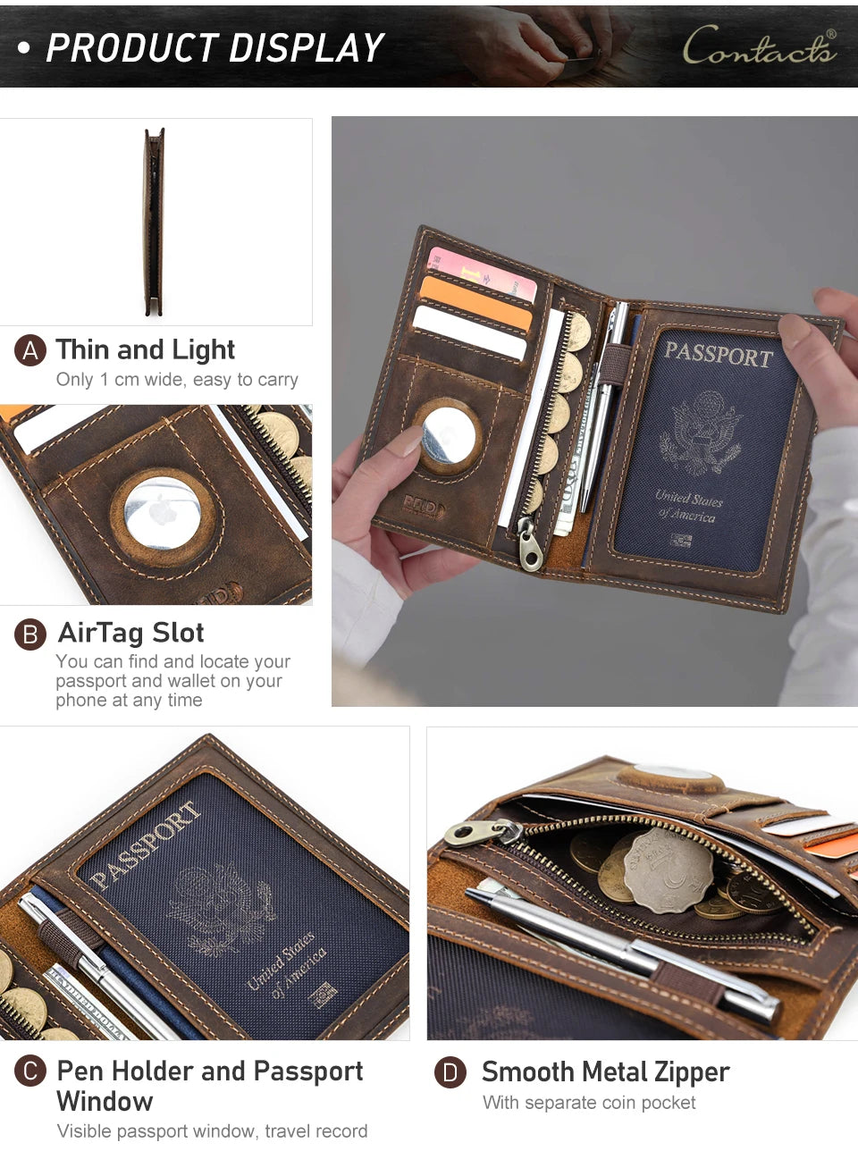 CONTACT'S Genuine Leather Passport Wallet Card Holder Coin Purse AirTag Slot Men Travel Wallet Women‘s Purse Passport Cover Bag