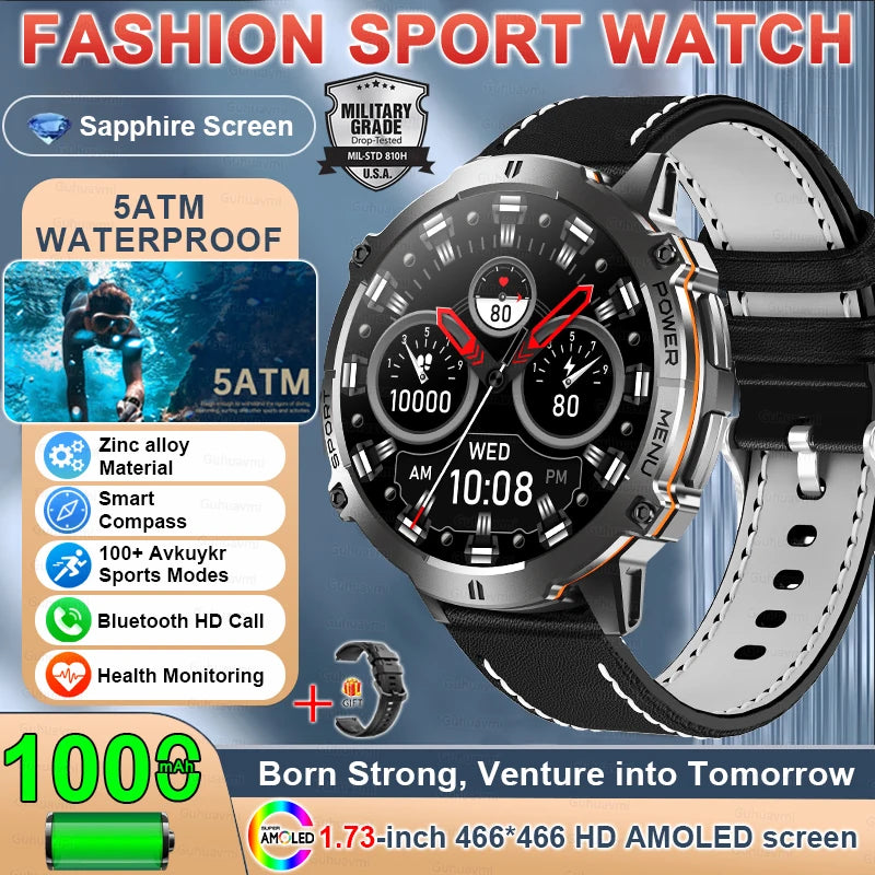 2025 New Military TREX3 1000mAh Battery Smart Watch 1.73-inch Screen 5ATM Waterproof GPS Altimeter Bluetooth Call Men Smartwatch