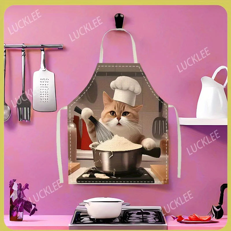 Funny Cat Chef Apron, Realistic Cooking Cat Print Kitchen Bib, Animal Lover Gift, Waterproof Baking Apron for Home & Restaurant