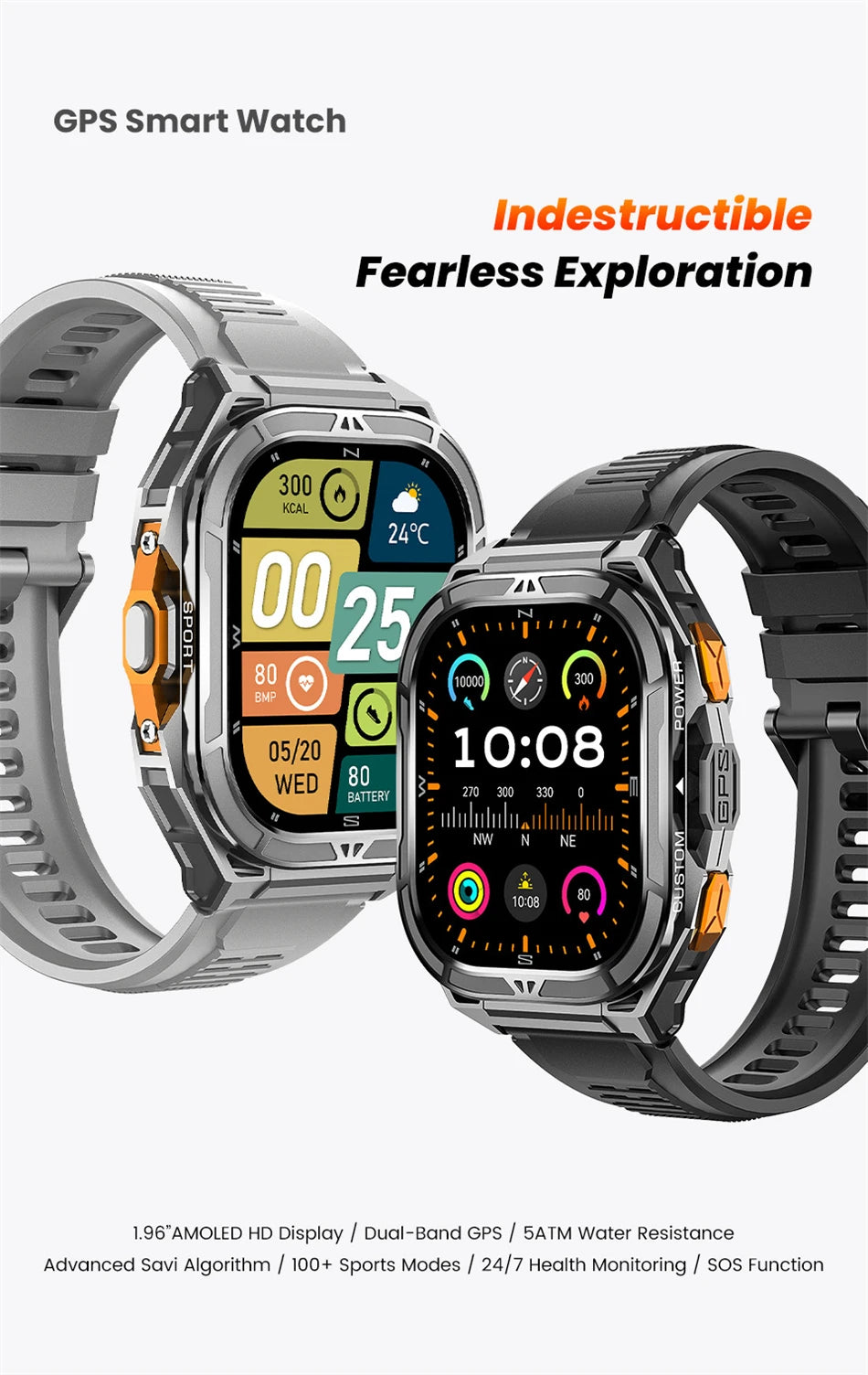 2026 NEW TANK X5 Smartwatch 5ATM Waterproof GPS Dual-Frequency tracking 1.96" AMOLED 530mAh Compass 170+ Sports Fitness Tracker