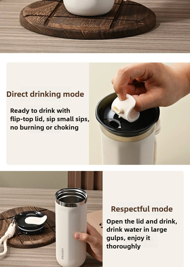 350ML 500ML Insulated Coffee Tumbler Stainless Steel Travel Mug with Lid Rope Handle Portable Thermal Cup for Car Office