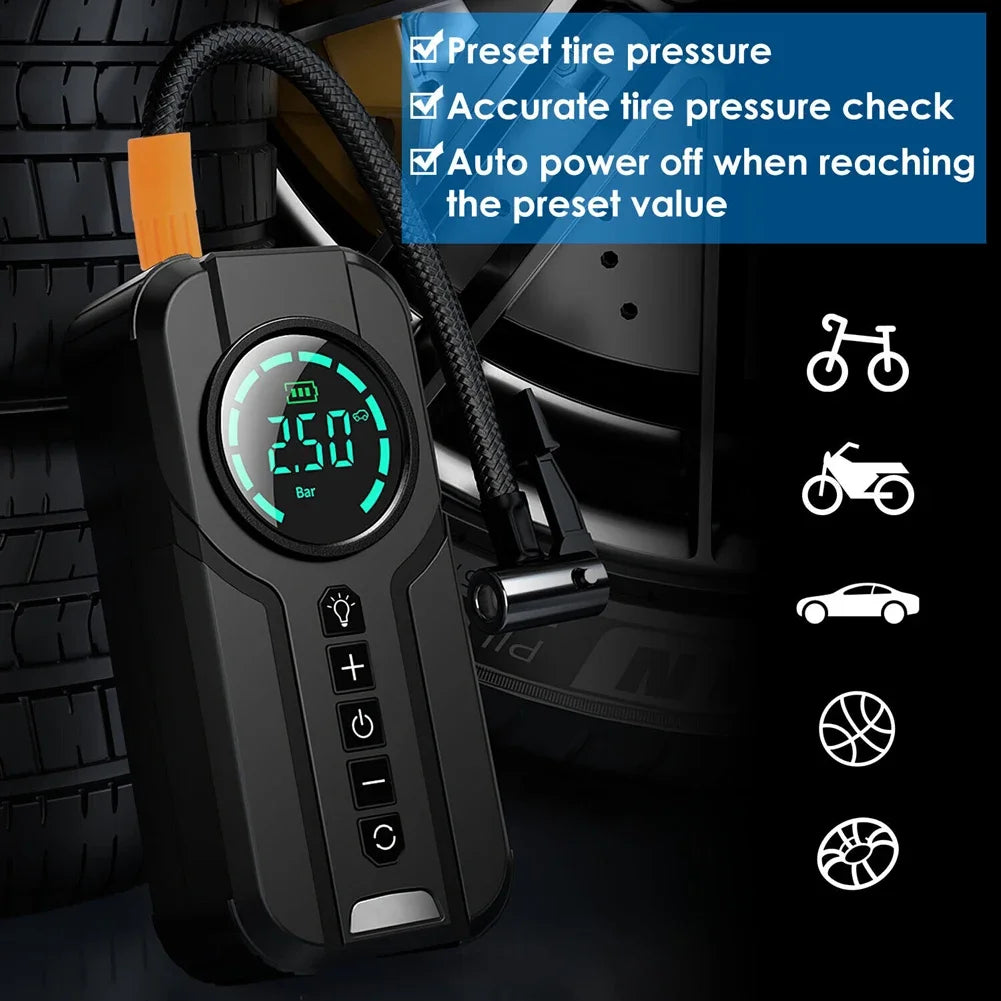 Portable Car Air Compressor 12V 100W Electric Tire Inflator LCD Display Rechargeable Air Pump Digital Cordless Car Tyre Inflator