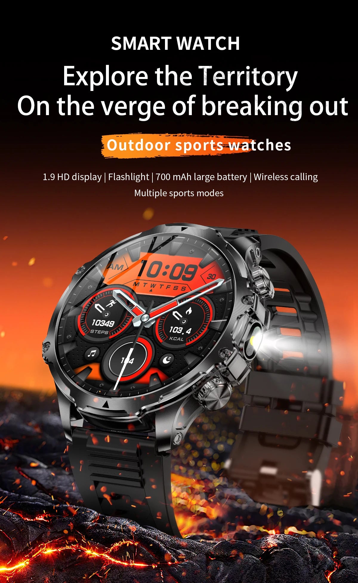 New 1000mah Long Standby AMOLED Smart Watch Men Sports Fitness LED Flashlight 3ATM Waterproof BT Call Smartwatch Men +GiFt
