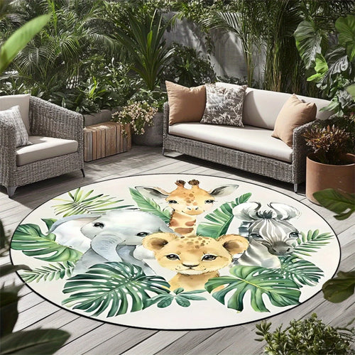 1 cartoon green leaf jungle animal print pattern round rug, polyester fabric, machine washable, suitable for bedroom living room