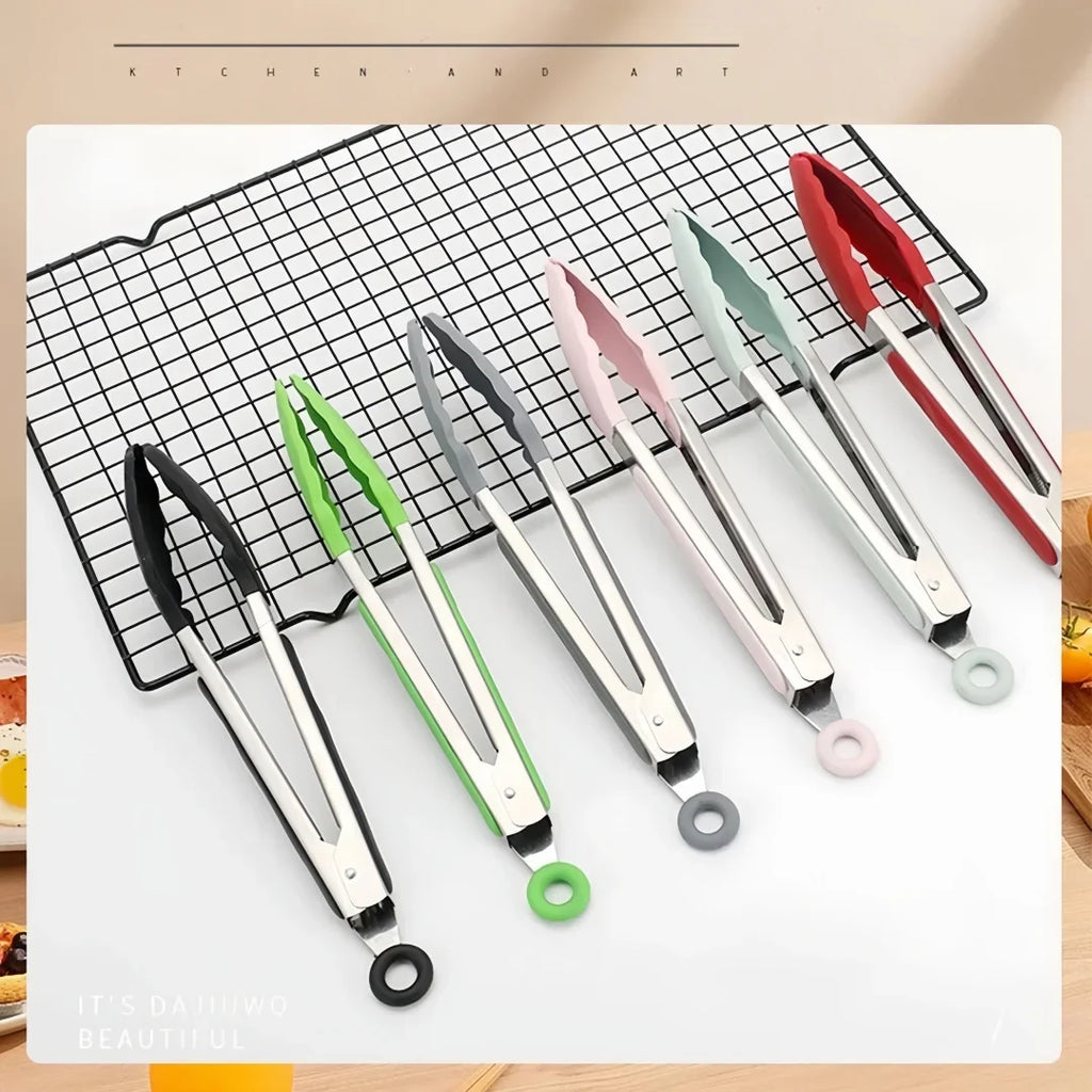 Anti Slip Cooking Serving Tongs Stainless Steel Food Clip Bread Salad Tong Heat-Resistant Barbecue Clips Kitchen Cooking Tool