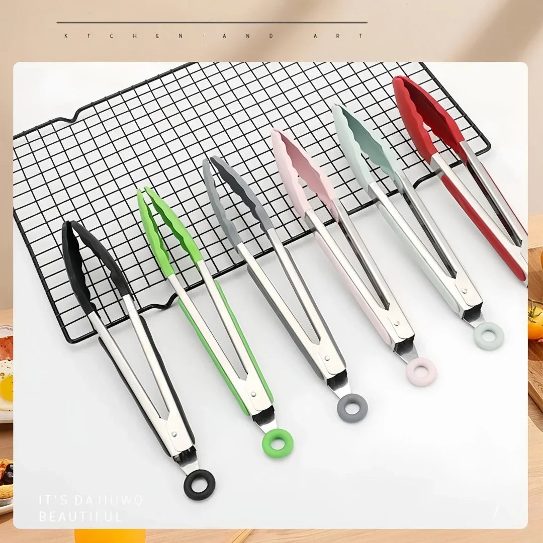 Anti Slip Cooking Serving Tongs Stainless Steel Food Clip Bread Salad Tong Heat-Resistant Barbecue Clips Kitchen Cooking Tool
