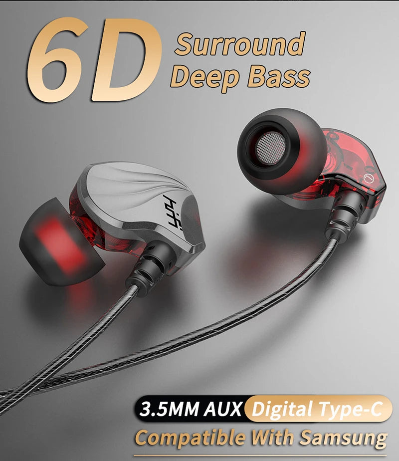 Wired Earphone 3.5mm AUX/Type C In-Ear HIFI 6D Surround Bass In-Ear Game Music Headsets With MIC For Samsung Huawei Xiaomi PC