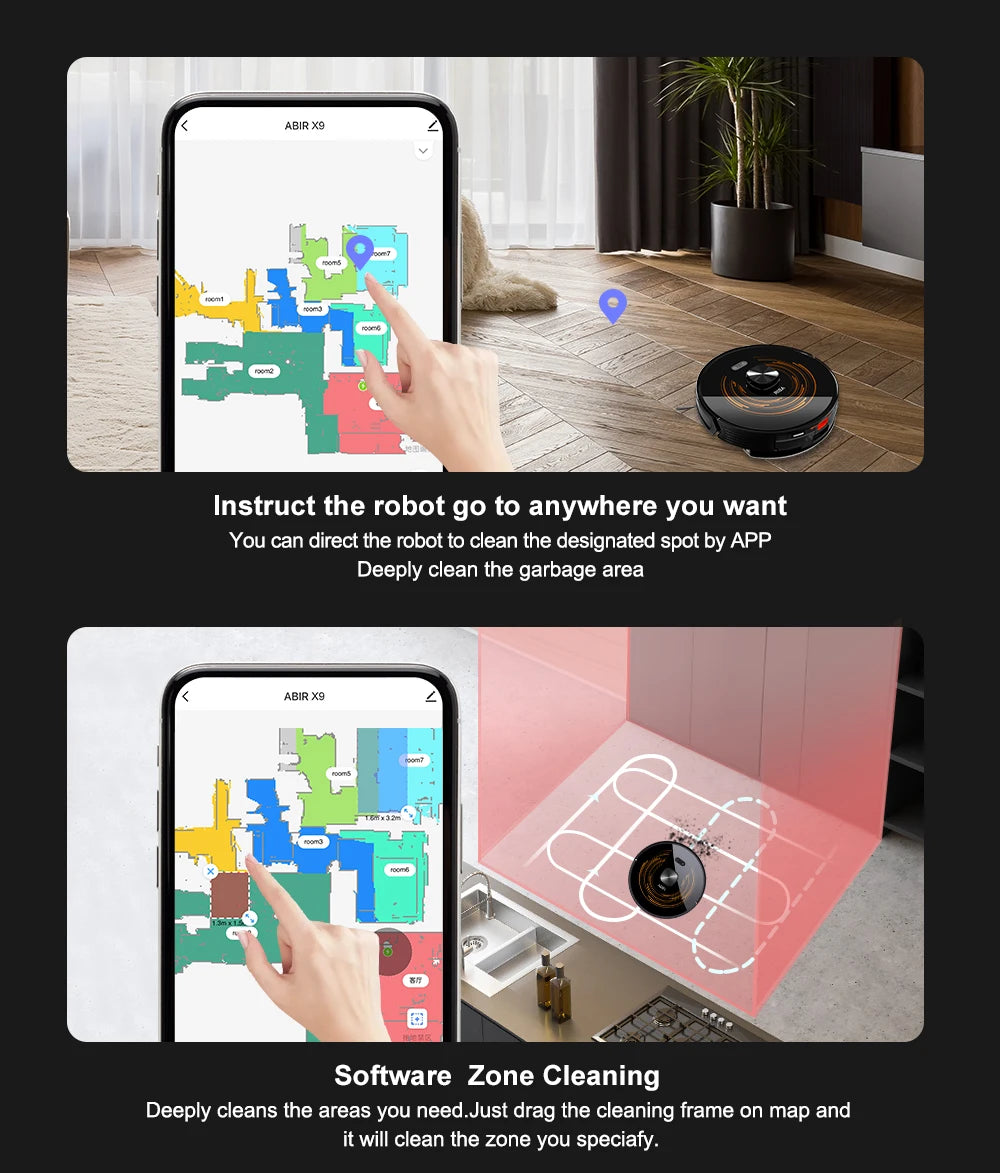 Robot Vacuum Cleaner ABIR X9,Laser Lidar,6500pa Suction,UV Cleaning, Multi-Floor Map,APP Restricted Area,Smart Home Wet Dry Mop