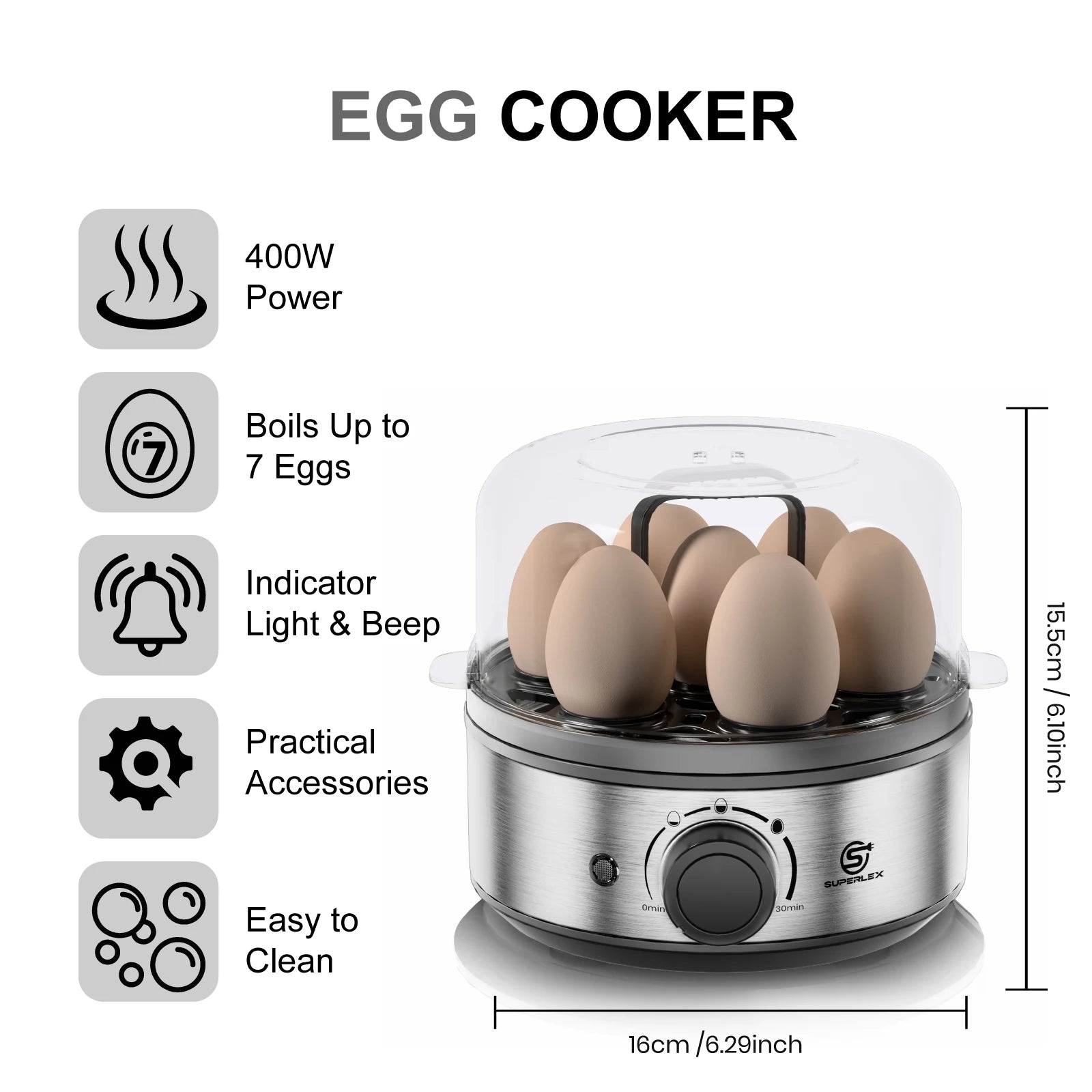 SUPERLEX 400W Power Eggs Cooker 7-Egg Capacity Dial Control Smart Shut-Off Reminder Rapid Egg Boiler Easy to Clean and Safer New