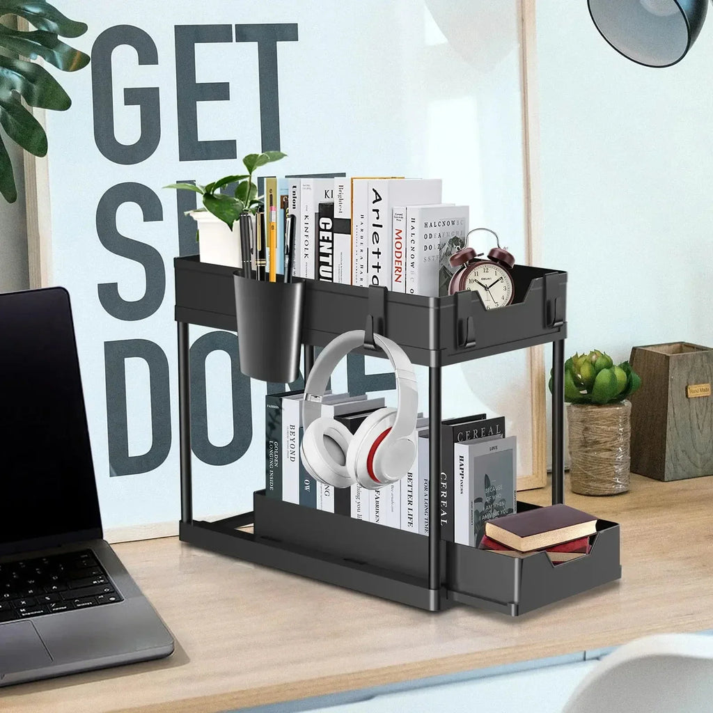 2 Tier Under Sink Sliding Cabinet Basket Organizer Storage Rack with Hooks Hanging Cup Bathroom Multifunctional Storage Rack