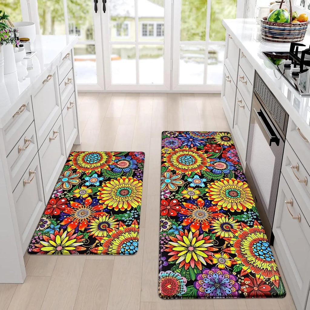 Boho Floral Kitchen Runner Rug, Non-Slip Washable Floor Mat with Colorful Flower Art Print for Kitchen, Bedroom, Bathroom Area