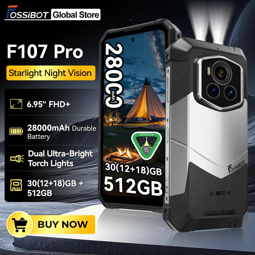 Fossibot Smartphone [F107 Pro 5G] 28000mAh 66W Rugged Mobile Phone 12GB RAM 512GB ROM Android 15 200MP+32MP NFC Dual Flashlights