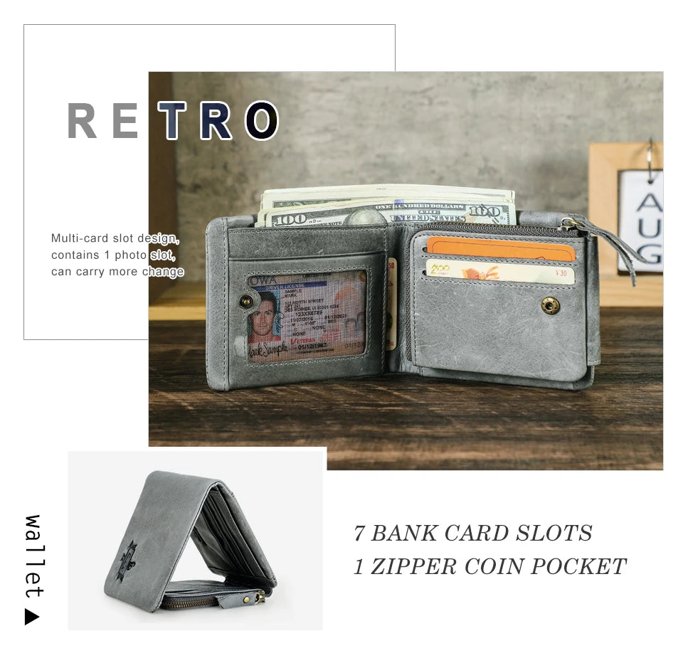CONTACT'S Genuine Crazy Horse Leather Men Wallets Vintage Trifold Wallet Zip Coin Pocket Purse Cowhide Leather Wallet For Mens