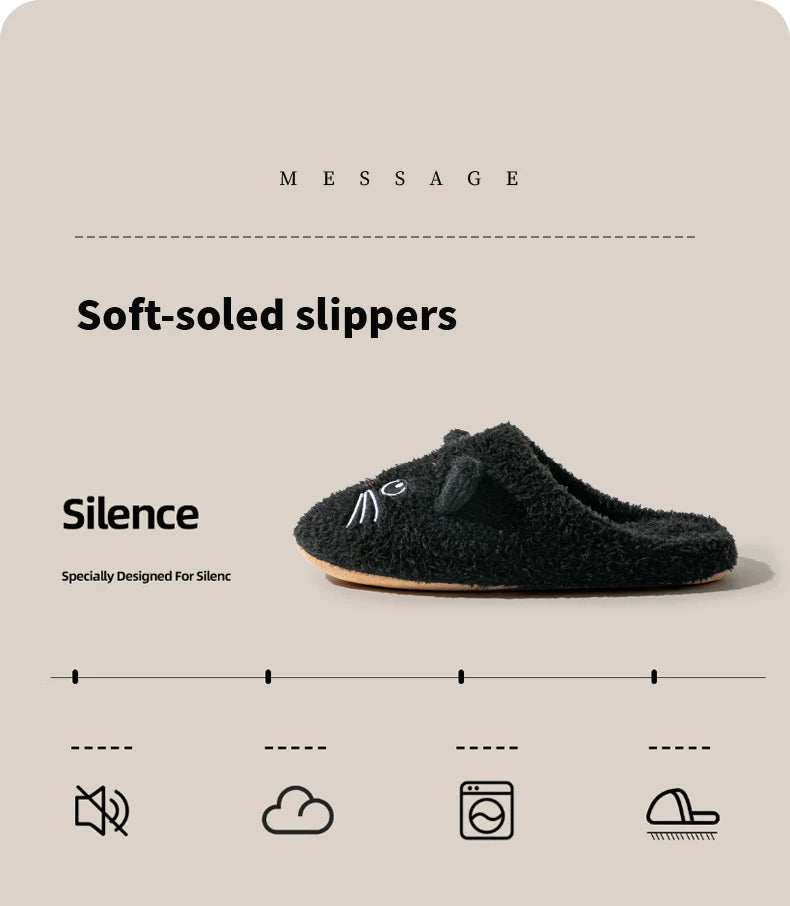 Cute Cat Design Plush Ladies Slippers Autumn And Winter Indoor Floor Non-Slip Soft Bottom Comfortable Warm Home Shoes for Unisex