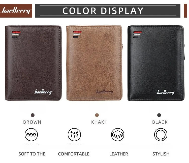 Baellerry Men PU Leather short Wallet With Zipper Coin Pocket Vintage Big Capacity Male Short Money Purse Card Holder