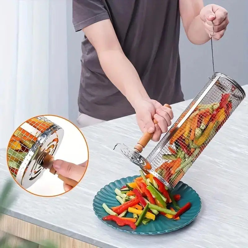 Round Barbecue Grill Basket Set, Stainless Steel Rolling BBQ Cage, Wire Mesh Cylinder Grilling Rack, Outdoor Camping Essential