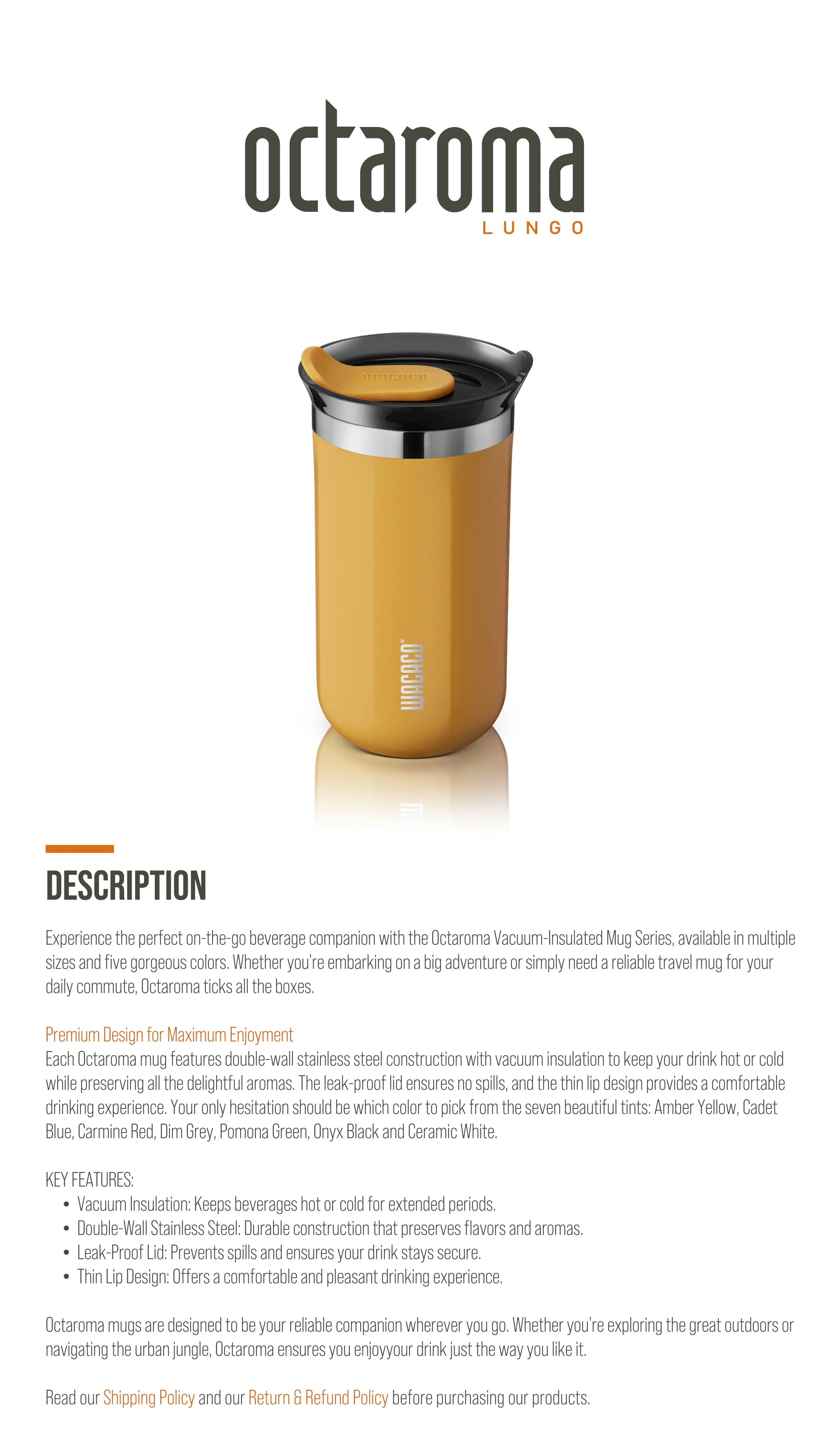 WACACO Octaroma Vacuum Insulated Coffee Mug, Double-wall Stainless Steel Travel Tumbler, 6/10/15 fl oz, thermo, Valentines Gift