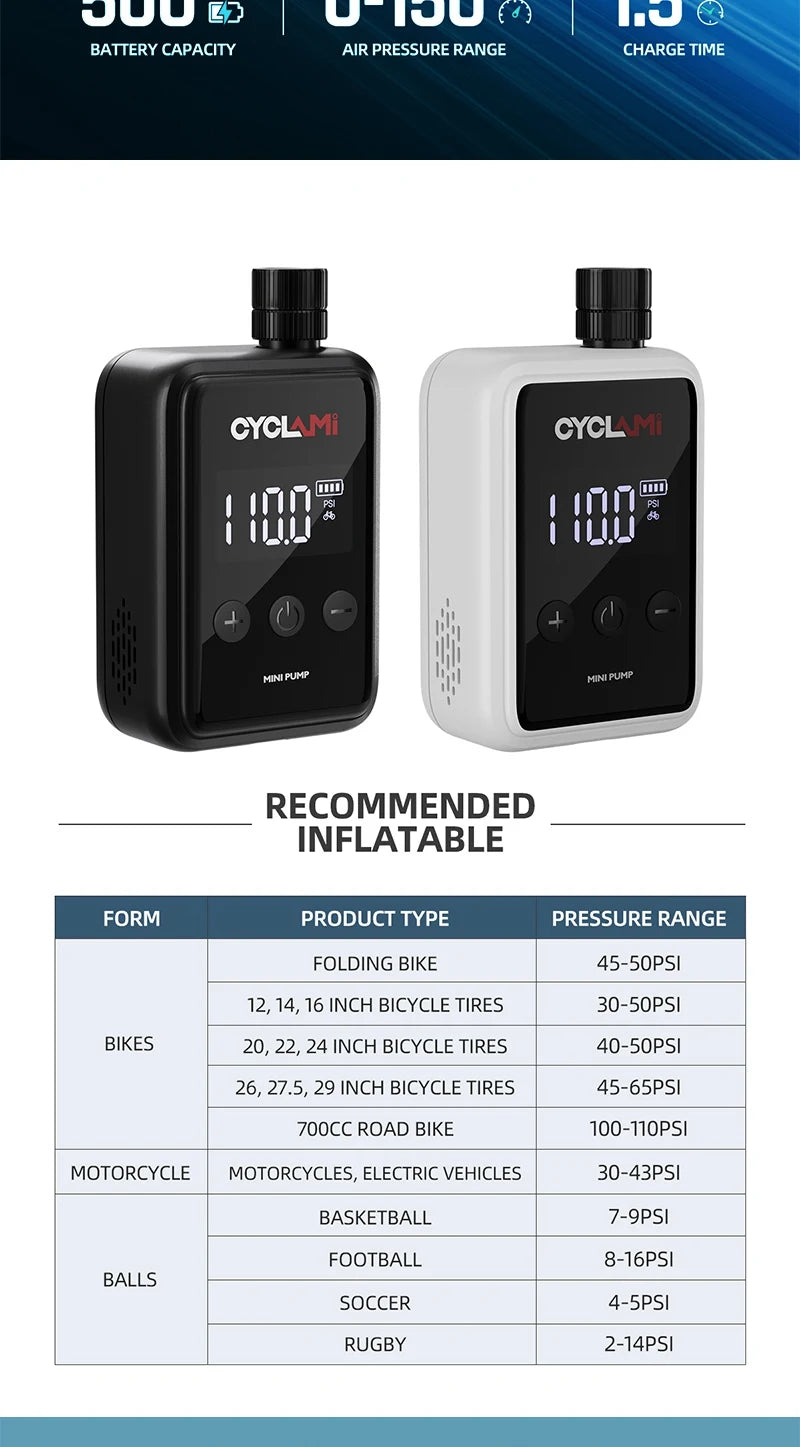 CYCLAMI HW125 Bicycle Electric Inflation Pump Mini Portable 150Psi High Pressure Air Inflator