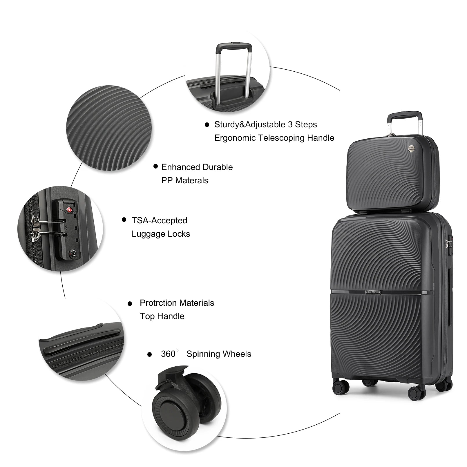 British Traveller 2 Piece Luggage Set 14+20 Inch, PP Hard Shell Suitcase with TSA Lock & Silent Spinner Wheels, Portable Carry-On Luggage for Business & Short Trips