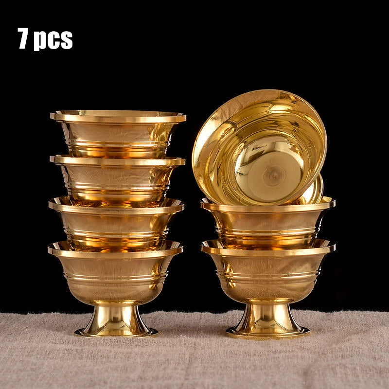 7pcs Brass Tantric Bowl Auspicious Luster Goblet Tibetan Bowl 5.7cm Holy Water Cup Buddhist Home's Gift Desktop Decorative