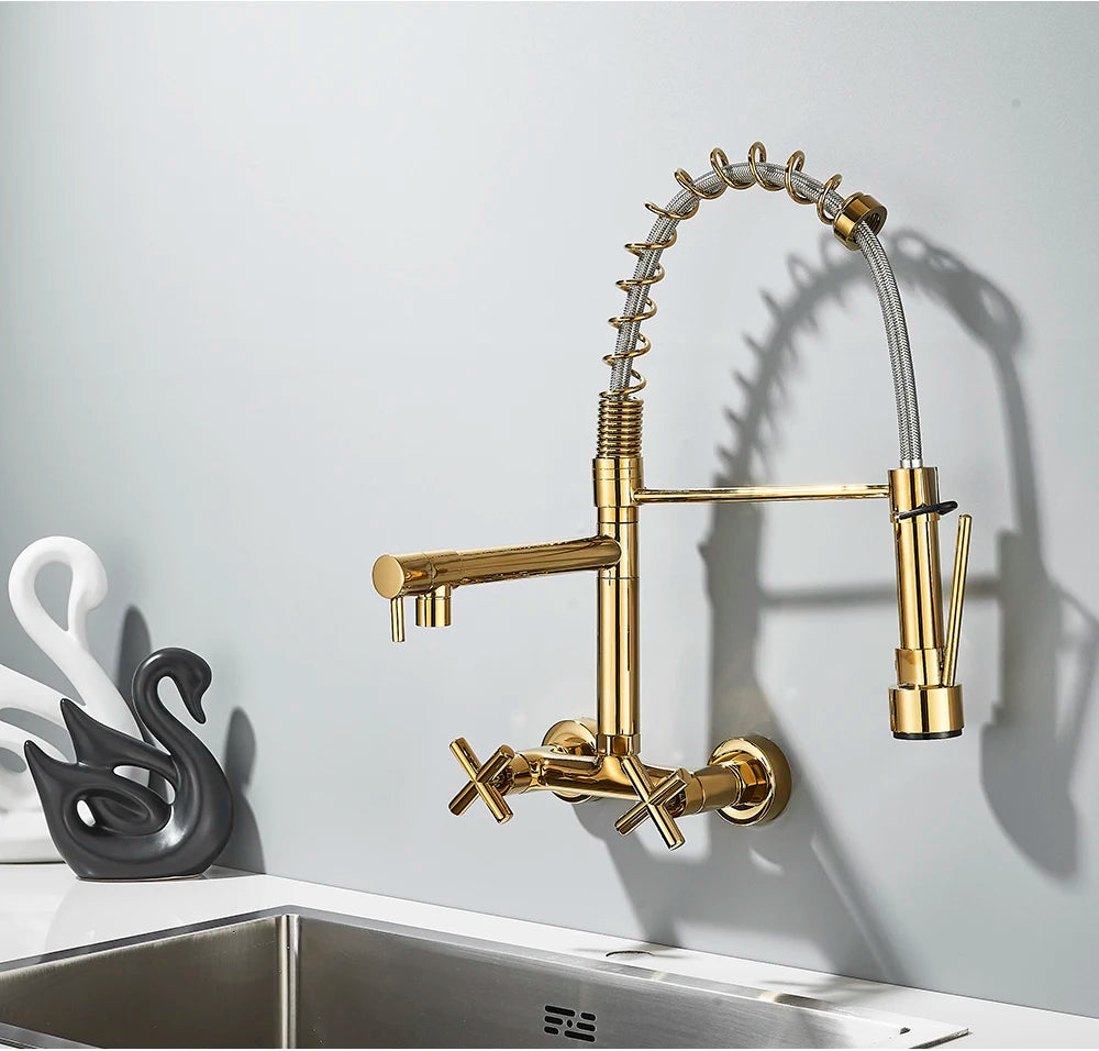 Gold Black Kitchen Faucet Wall Mount Pull Down Tap Vessel Sink Hot Cold Water Mixer Tap Spring Dual Swivel Spouts Sink Crane