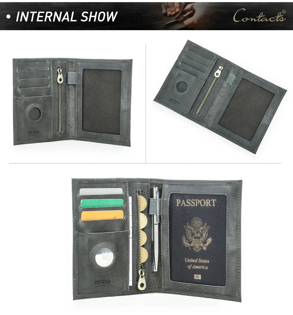 CONTACT'S Genuine Leather Passport Wallet Card Holder Coin Purse AirTag Slot Men Travel Wallet Women‘s Purse Passport Cover Bag