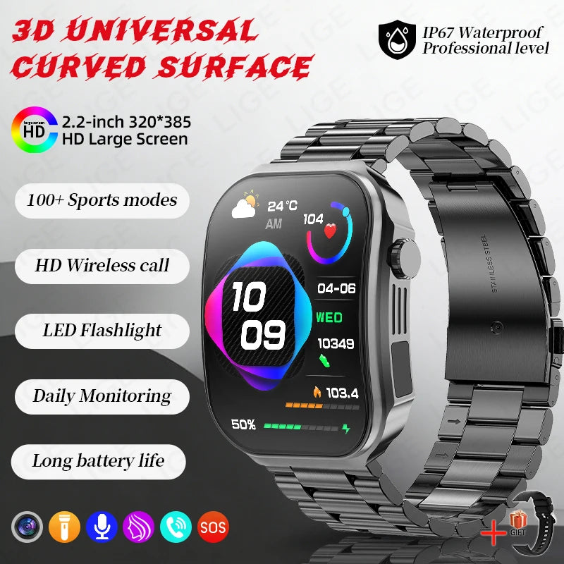 3D Curved Screen Smart Watch 2.2" Large HD Display Bluetooth Call Waterproof Flashlight Outdoor Sport Smartwatch Women 2026 New