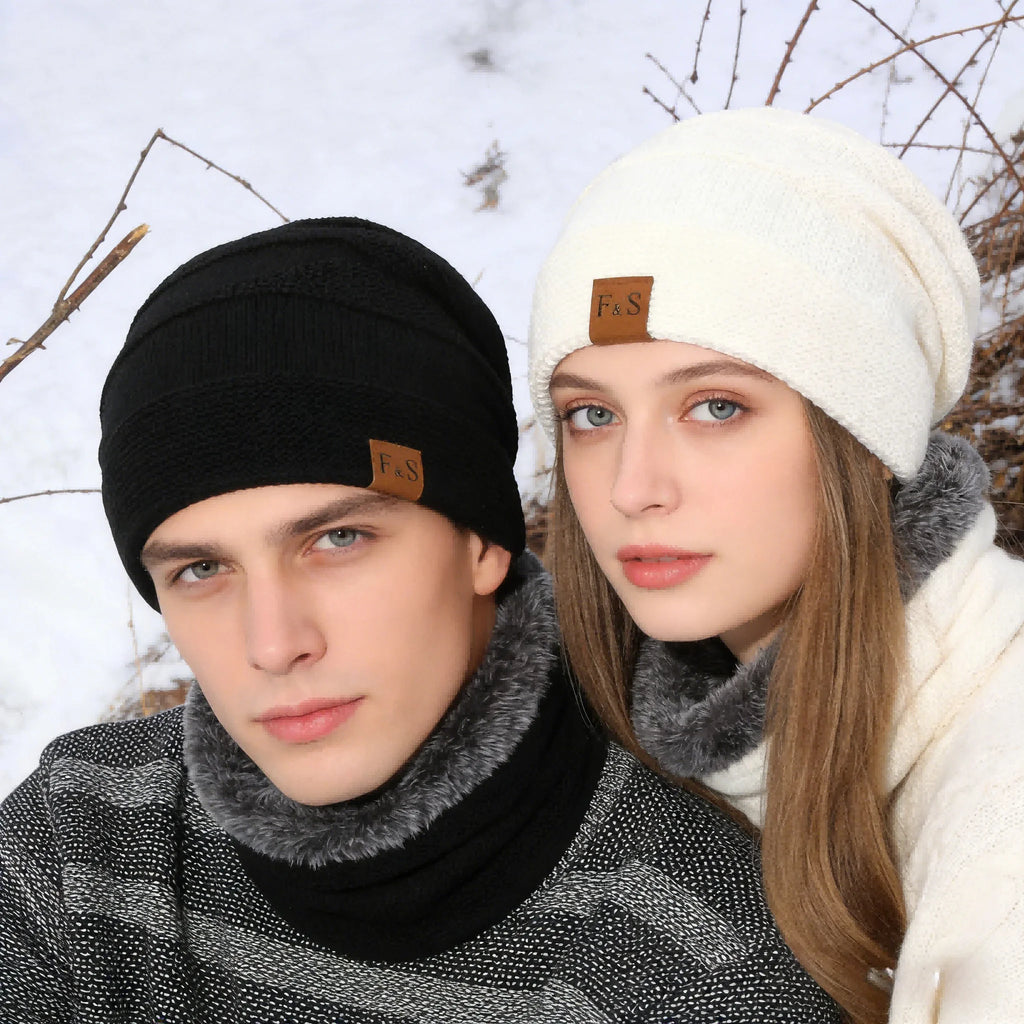 New Unisex Slouchy Winter Hats Add Fur Lined Men And Women Warm Beanie Cap Casual Label Decor Winter Knitted Hats