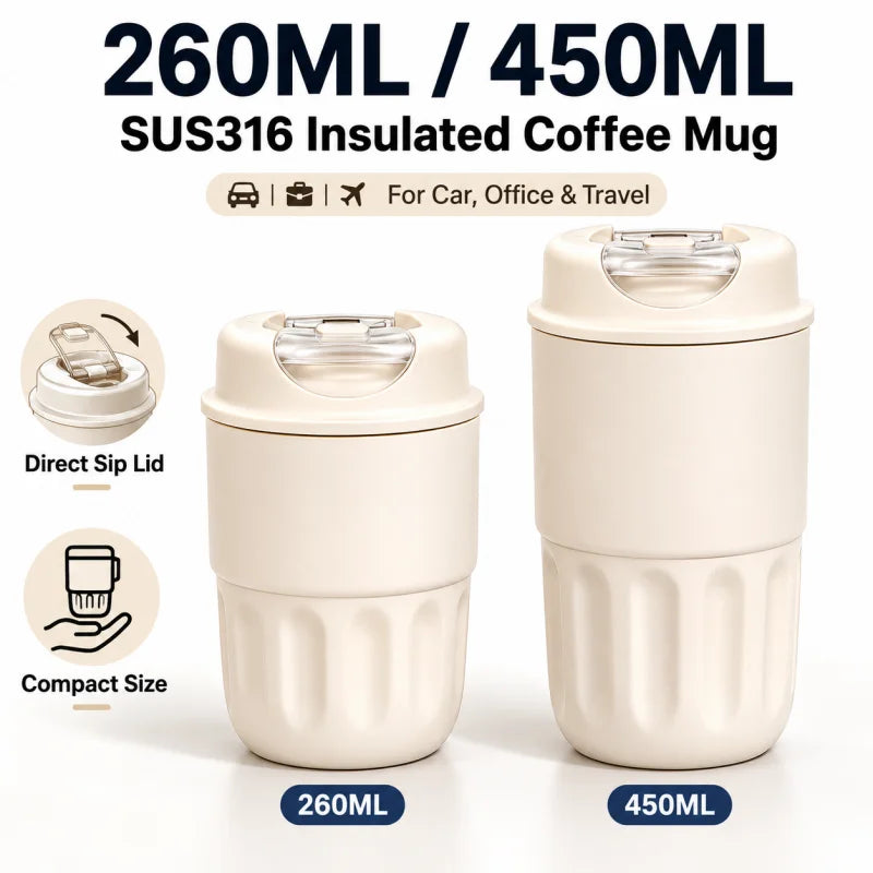 260ML 450ML SUS316 Thermal Coffee Mug Leakproof Portable Travel Tumbler with Lid Stainless Steel Cup for Car Work Hot Cold Drink