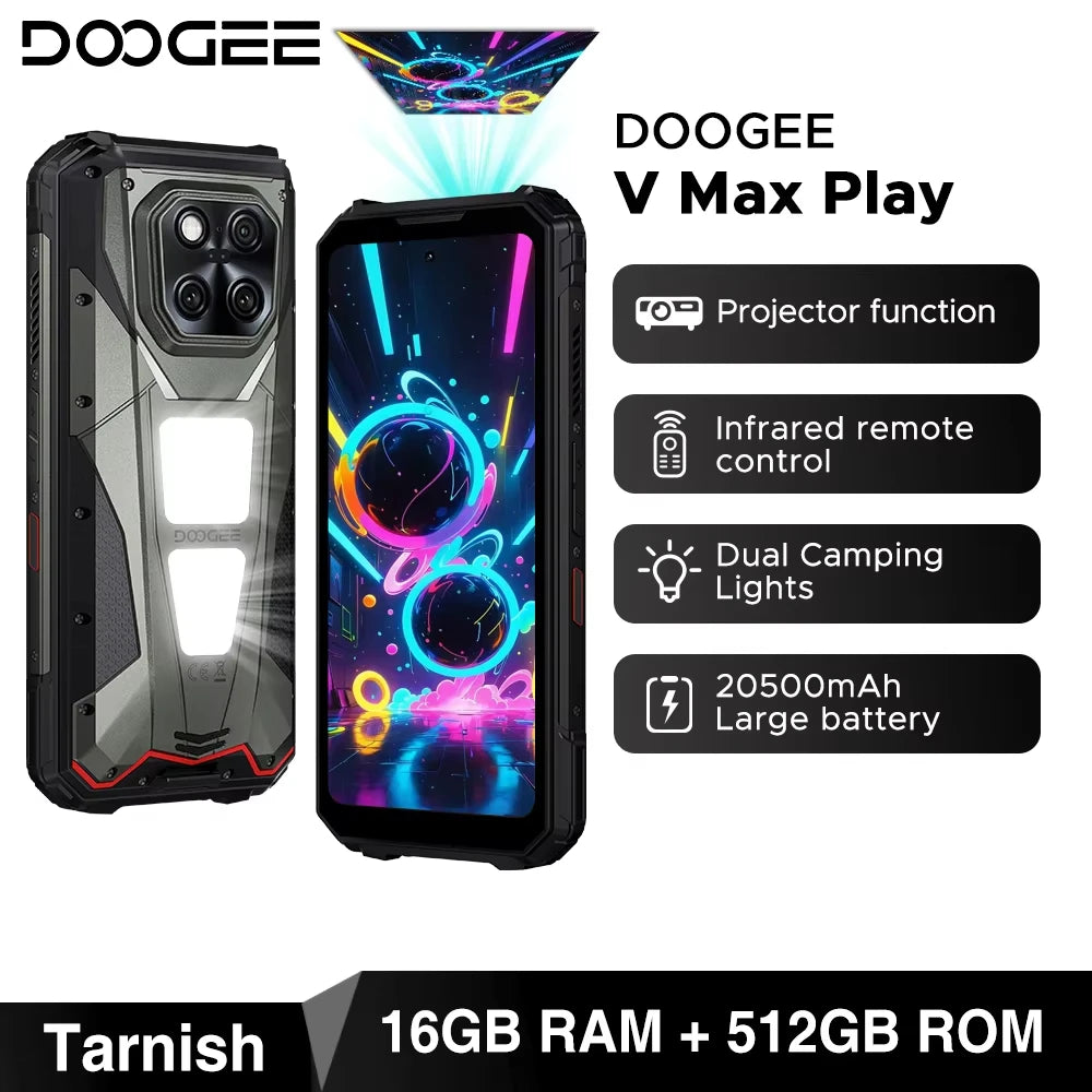 DOOGEE V Max Play 5G Rugged Phone Projector Function Dual Camping Lights 6.78'' Display 20500mAh Battery 16GB 512GB Smartphone