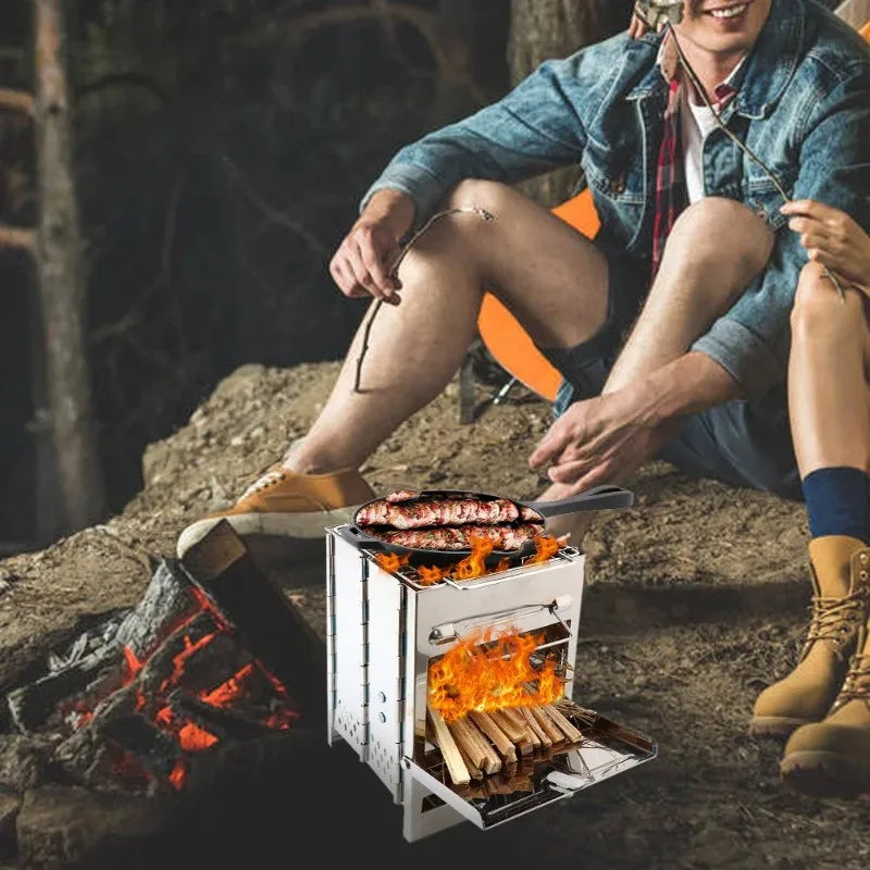 Square Wood Burning Camping Stove Outdoor Survival BBQ Mini Grill BBQ Outdoor Camping Firewood Folding BBQ Picnic Stove