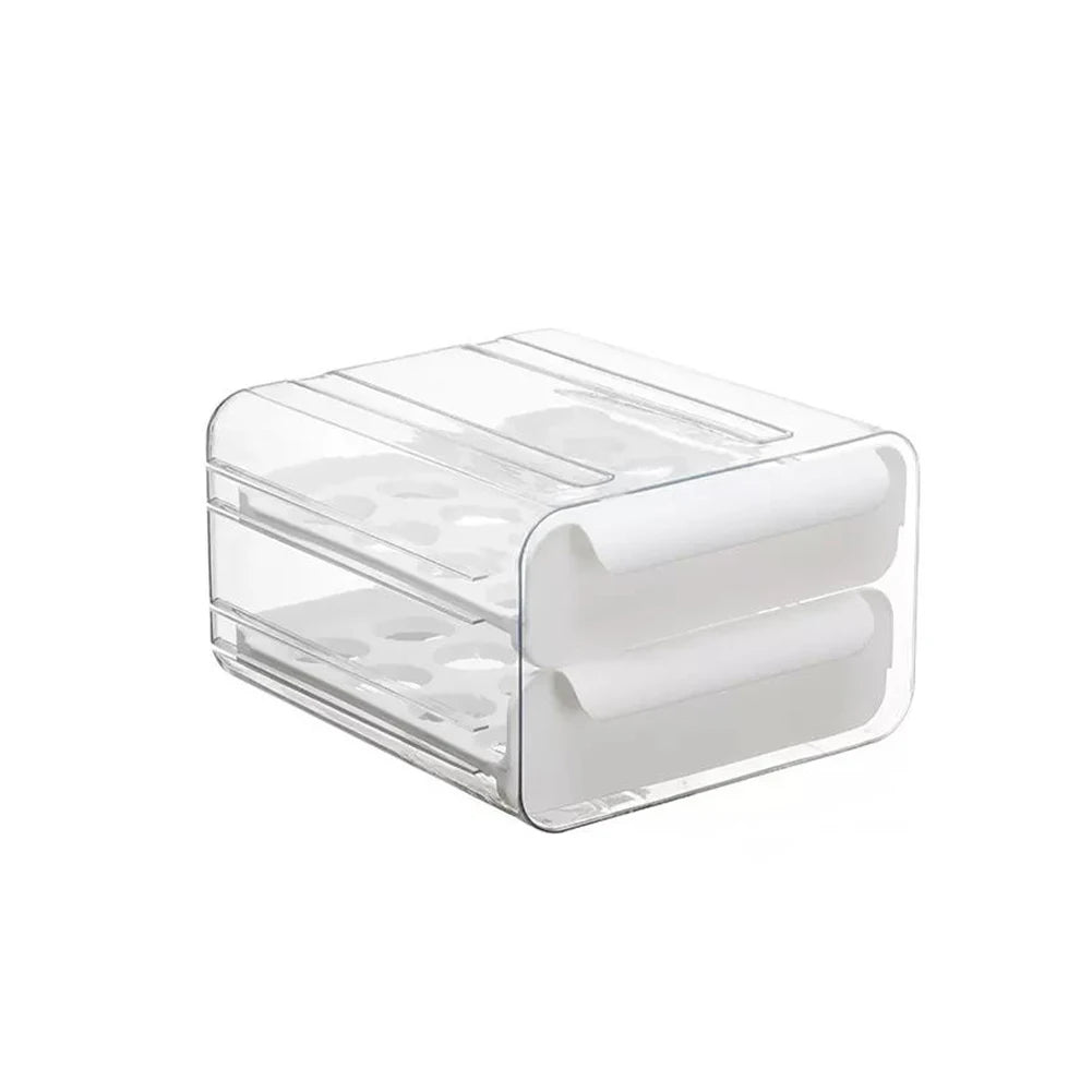 Double-Layer Egg Storage Drawer Box, Holds 32 Eggs, Transparent Body, Easy Access, White
