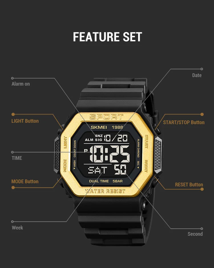 SKMEI 1988 Chrono Men Watch Luxury Brand Sport Watch Electronic Digital Male Wrist Clock Man 50M Waterproof Men's Watches 1988