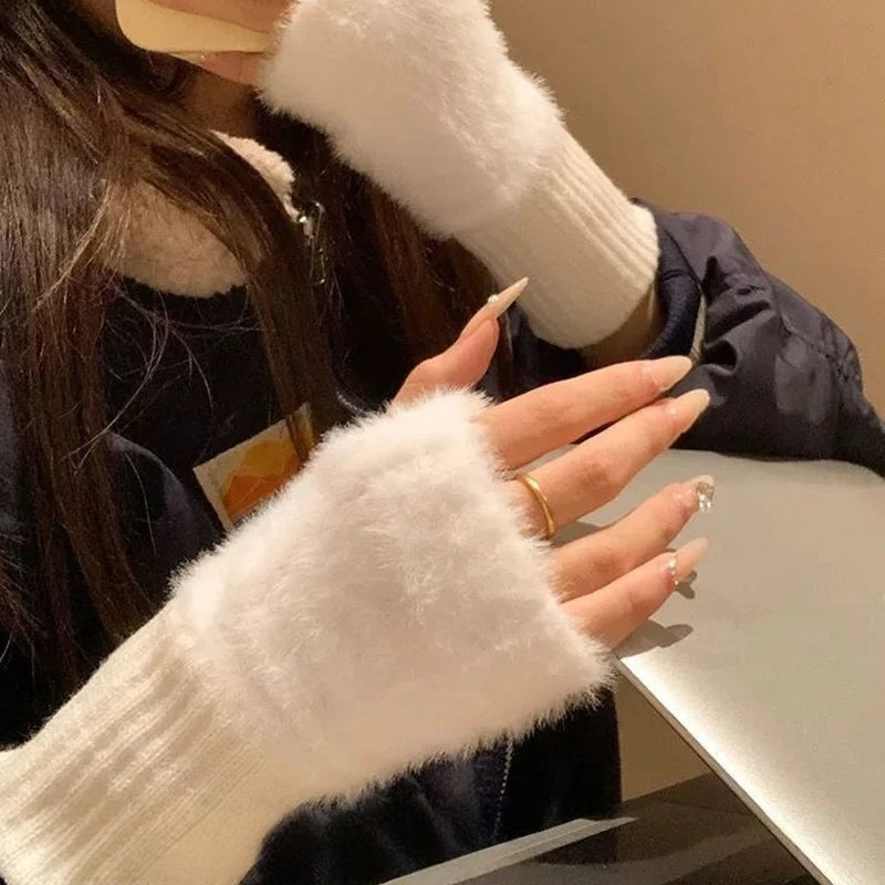 1PC- Warm and Cold-proof Half-finger Gloves for Women in Autumn and Winter, Versatile and Plush, Cute Office Half-finger Gloves