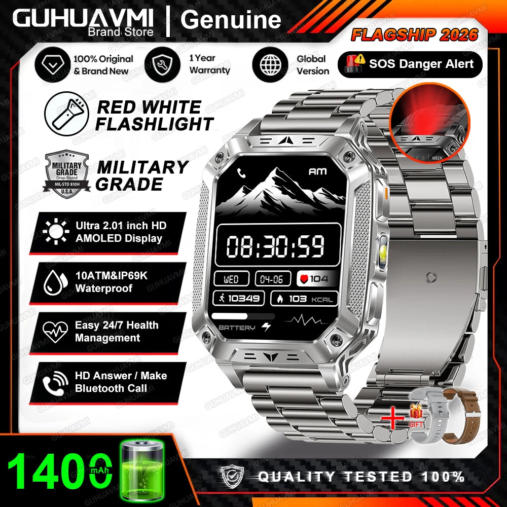 2026 New Military Grade 1400mAh Battery Smart Watch GPS Tracks 5ATMWaterproof Flashlight Heart Rate 2.1" Durable Smartwatch Men