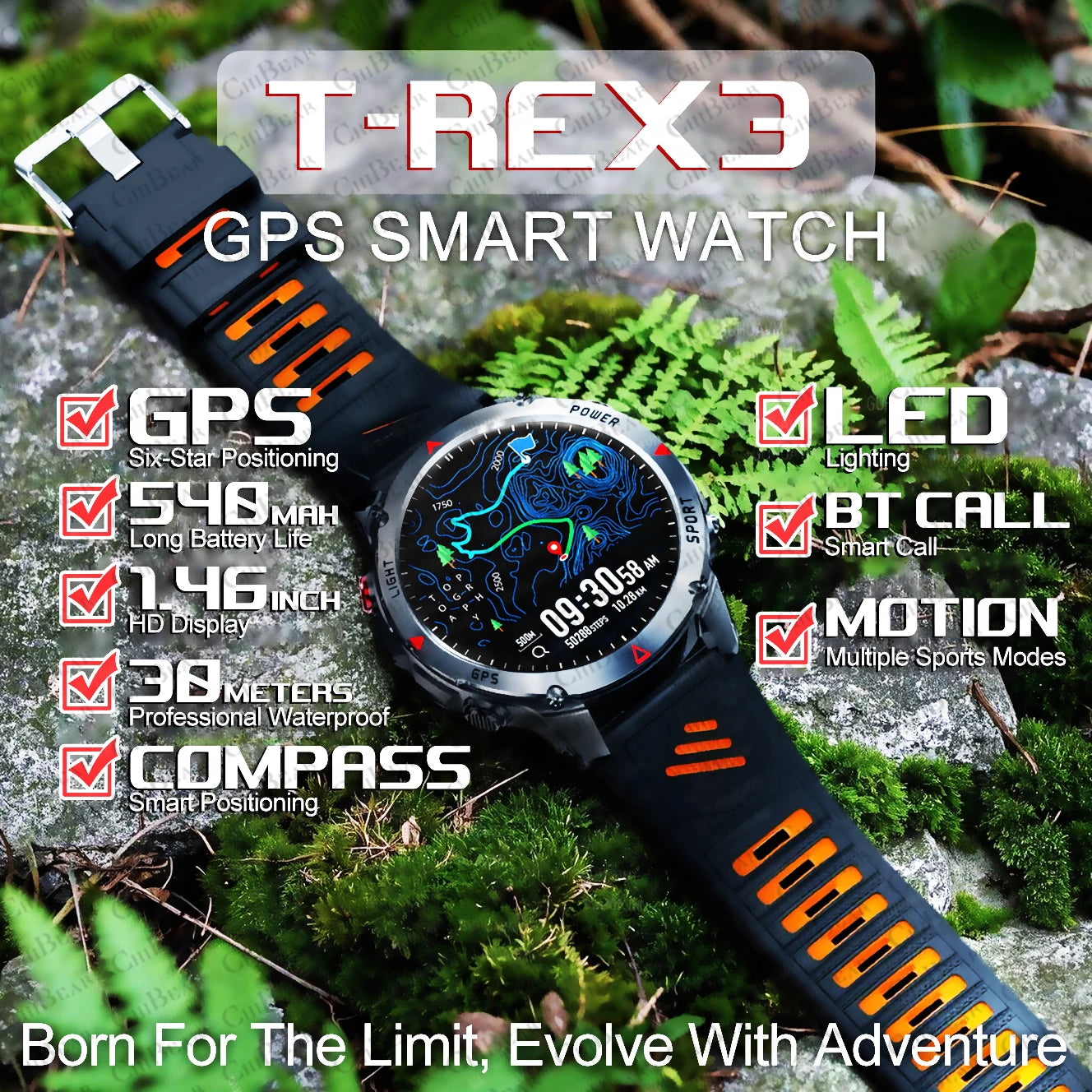 T-Rex 3 Built-in Dual-band GPS Smart Watch Men Smartwatch Compass Altimeter Barometric 5ATM IP69K Waterproof AMOLED HD Watches