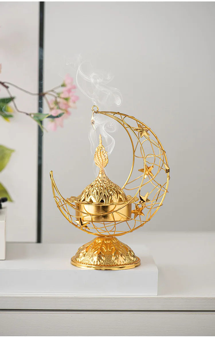 Middle Eastern Hand-held Crescent Metal Incense Burner Golden Living Room Tabletop Incense Burners Arabic Ornament