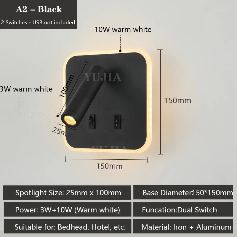 Contemporary Multifunctional LED Wall Sconce with Switch Modern Adjustable Reading Lamp USB Charging Ports for Bedrooms Offices