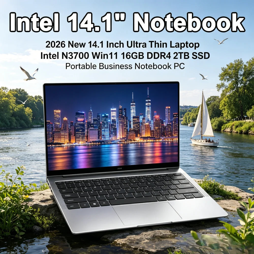 2026 New 14.1 Inch Ultra Thin Laptop Intel N3700 Win11 16GB DDR4 2TB SSD Portable Business Notebook PC
