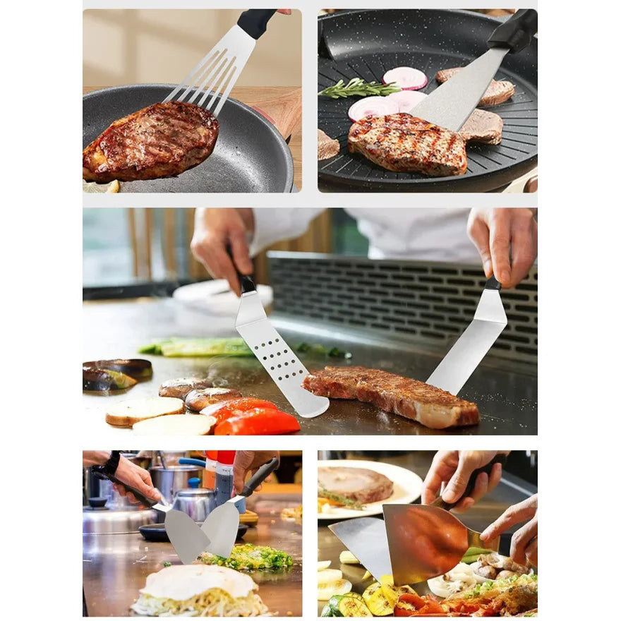 Onilini Griddle Accessories Kit BBQ Tools 6 Pieces Set Stainless Steel Spatulas with Carry Bag Scraper for Outdoor Barbecue