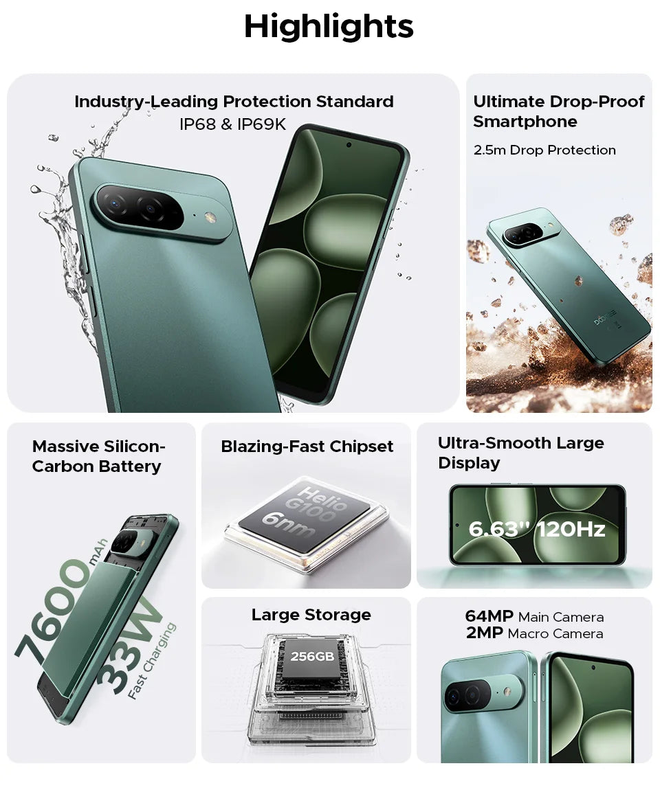 Global Version DOOGEE B10 Smartphone Android 16 7600mAh Battery 6GB 256GB 6.6'' Display 64MP AI Camera IP68 / IP69K Mobile Phone