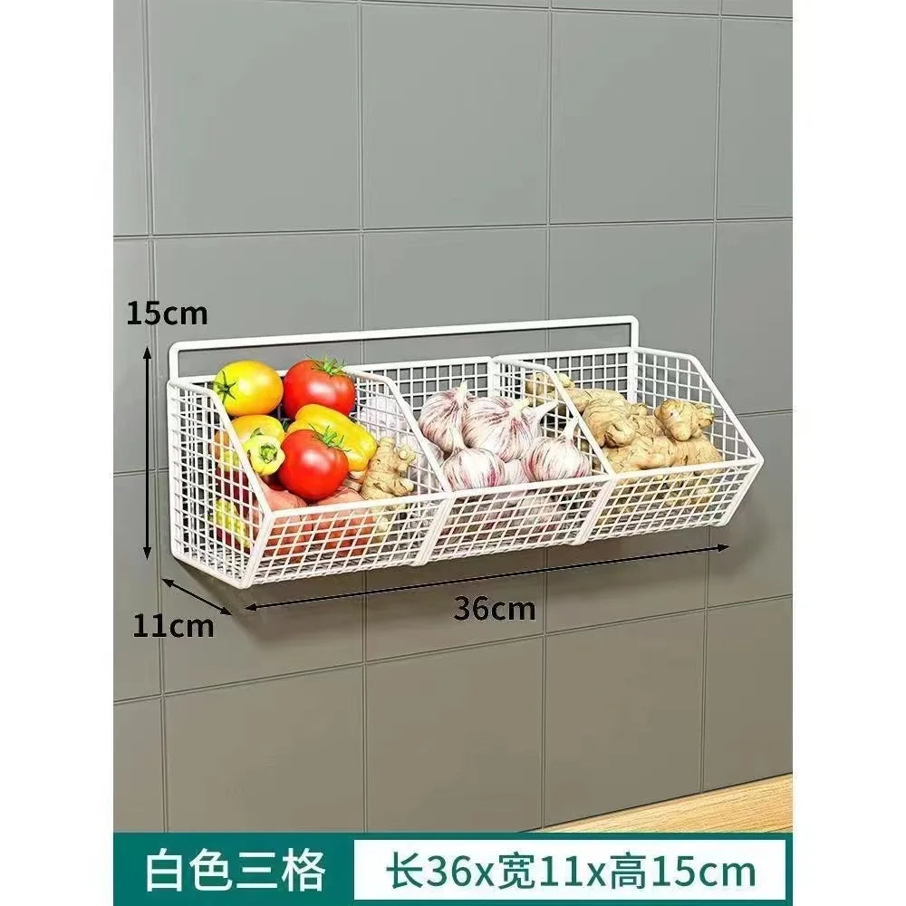 AOBT Wall-Mounted Green Onion Ginger Garlic Storage Rack Punch-Free Kitchen Multi-Functional Basket Organizer for Spices Herbs