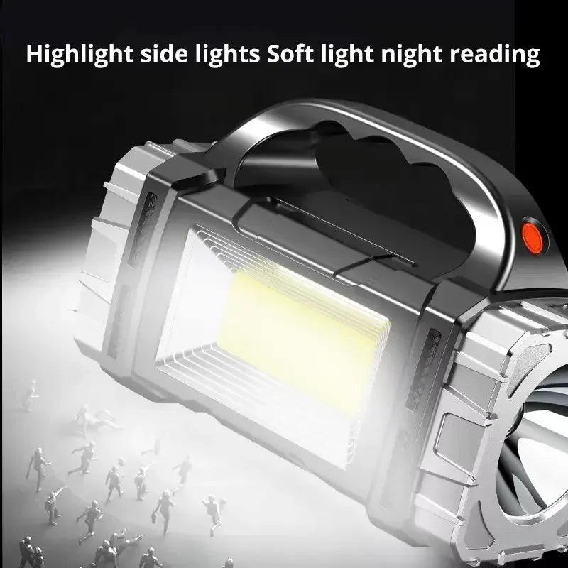 2024 Powerful LED Flashlight USB+Solar Rechargeable Flashlight COB Outdoor Camping Torch Portable Searchlight Power Bank Outdoor
